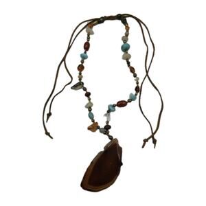 Vintage Multi Color Polished Stone Agate Bead 32” Necklace Adjustable
